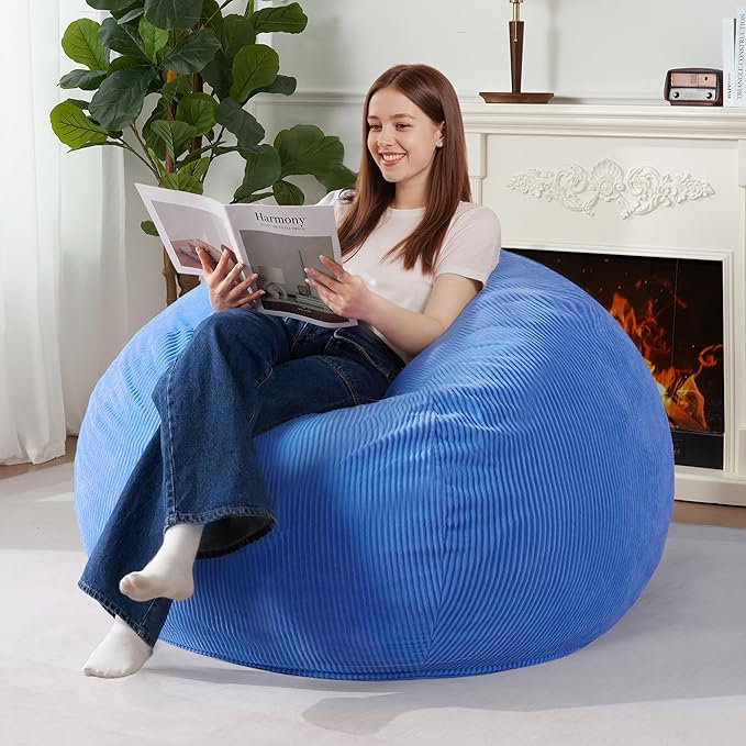 Homguava 4FT Bean Bag Chair for Adults,Teardrop Bean Bags Big Beanbag Chair with Memory Foam Filled and Ultra Soft Removable Corduroy Cover for Living Room, Bedroom (Blue)