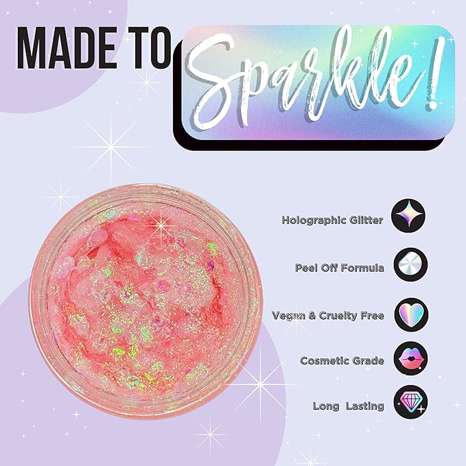 Stunt Trainer Cheer Glitter Face Body Makeup Peel Off Gel Chunky Holographic 15 Colors 1.6oz Vegan Cruelty Free Nontoxic Cheerleader Cheerleading Makeup