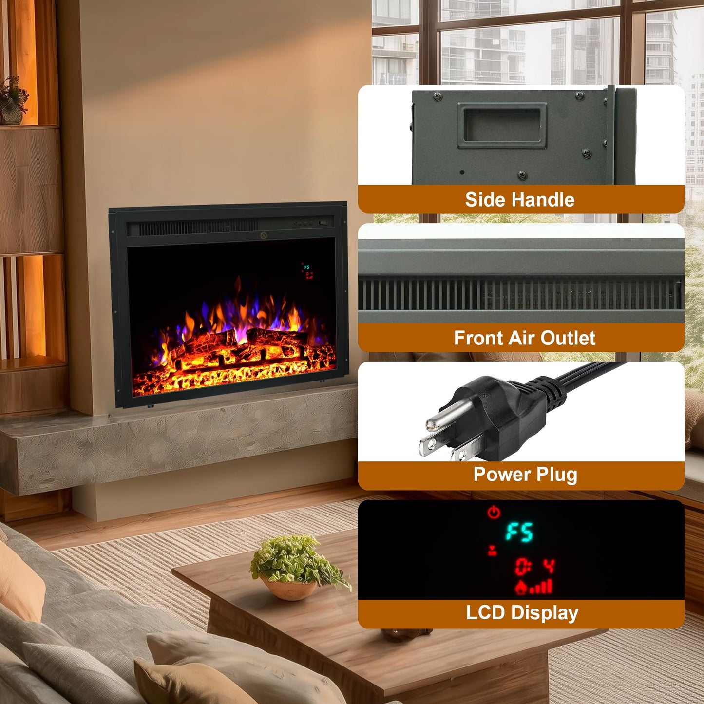 23.6 Inch Electric Fireplace Insert, Recessed Electric Fireplace Heater with Adjustable Brightness, Weekly Timer, Remote Control, Overheat Protection, 750/1500W