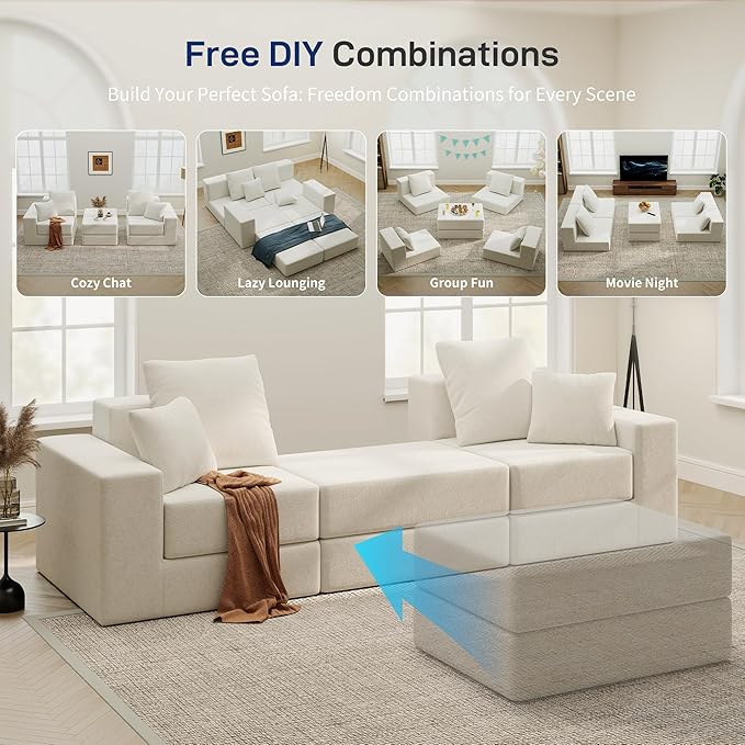Cloud Modular Sectional Sofa, Comfy Boneless Couch for Living Room, Modern L-Shaped Couch with Reversible Chaise, Customizable Sleeper Sofa with Non Slip, No Assembly & Deep Seat, Beige
