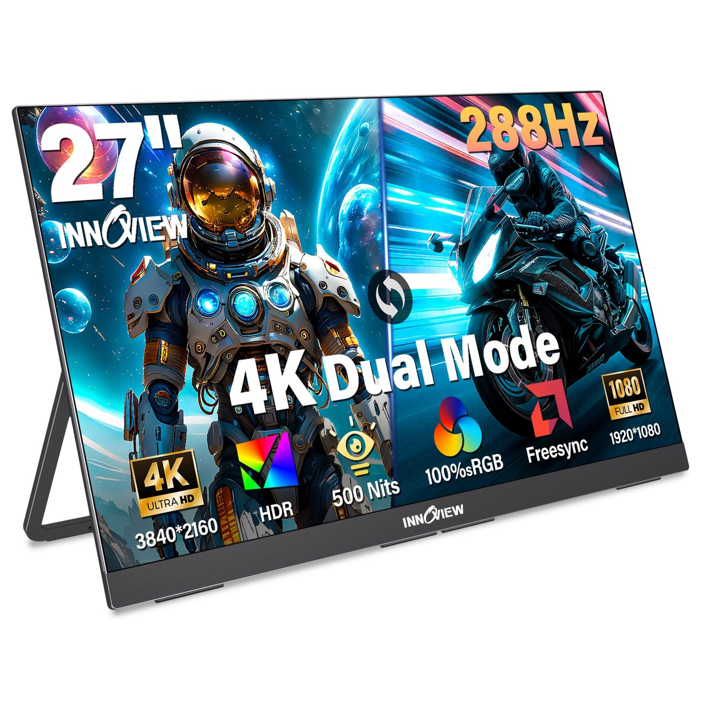InnoView 27 Inch Monitor Dual Mode 4K UHD 120Hz/FHD 288Hz Portable Monitor for Laptop, USB-C, HDMI Computer Display HDR IPS Gami