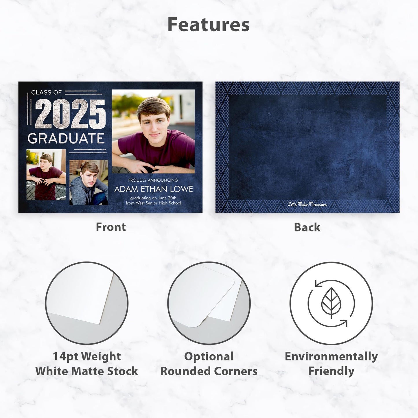 Let's Make Memories Personalized Graduation Announcements Class of 2025-15 Premium Quality Invitations - 5x7 - Custom Photo Cards & White Envelopes - Silver + Indigo - 15 ct