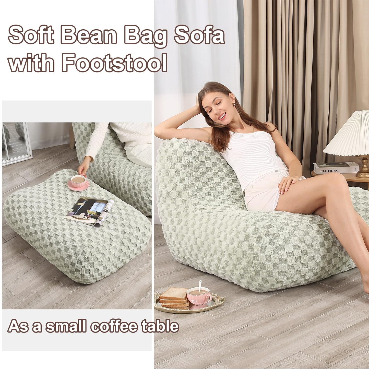 LOVMOC Bean Bag Chair with Footstool, Comfy Reading Sofa Chair for Adults, Modern Floor Sofa for Livingroom, Bedroom, Green