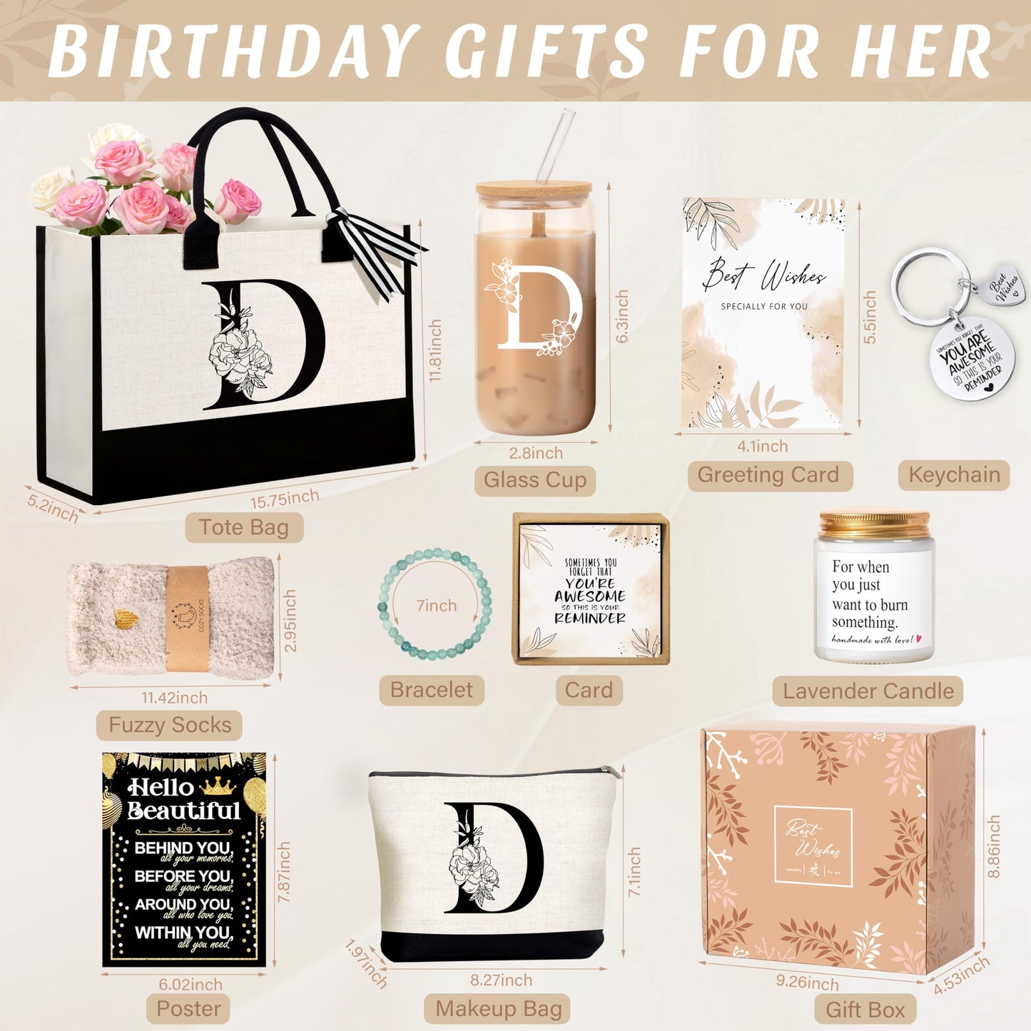 Birthday Gifts for Women, Monogrammed Initial Gift for Teacher Wife Mom, Tote Bag,Glass Cup Gift Basket Personalized Christmas Mother's Teacher Appreciation Day,D