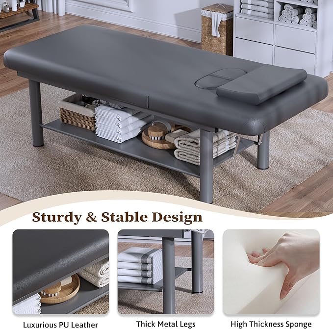 Olela Heavy Duty Stationary Massage Table with Adjustable Backrest, 31.5" Wide Professional Spa Facial & Therapy Bed, Metal Frame PU Leather Treatment Table for Salon & Clinic