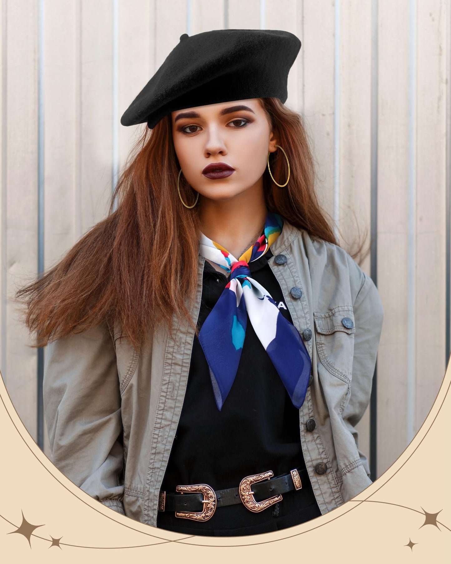 Shyyween 6 Pcs Silk Feeling Scarf 27.5 Inch French Beret Hats for Women Gold Plated Hoop Earrings Set Satin Oil Paint Head Scarf for Gift(Black)