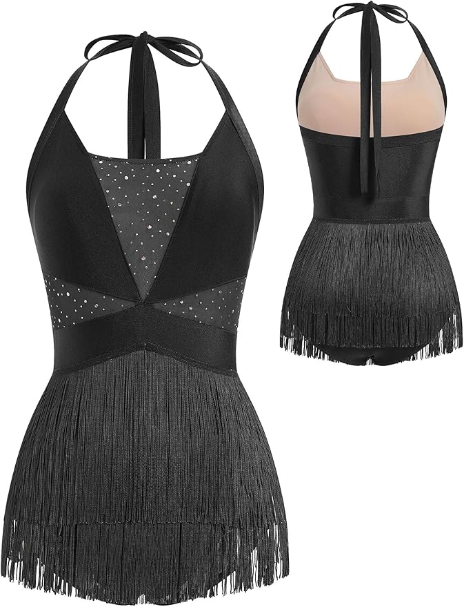 ODASDO Woman Latin Dance Costume Mesh Sequin Bodysuit Sparkly Jumpsuit Halter Neck Tassel Fringe Romper Mini Dress XS-XL