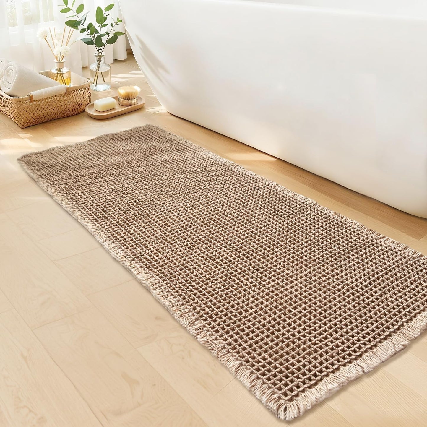 Waffle Runner Bath Mat - Long Boho Bathroom Rugs Non Slip Washable, Super Absorbent & Quick Dry, Soft Bath Mat Farmhouse Bathroom Decor, 24'' x 72'', Khaki