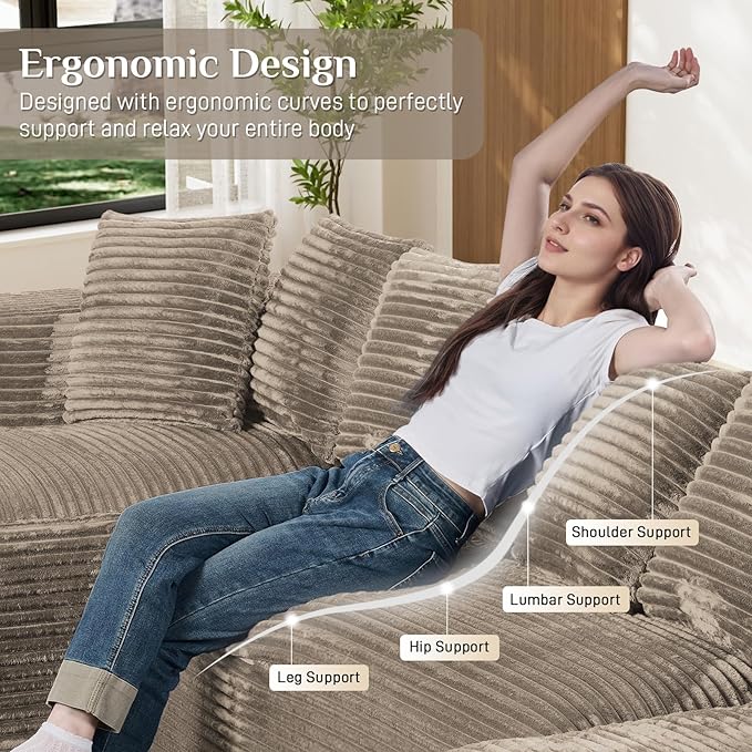 Modular Sectional Sofa, 130" U Shaped Cloud Couch Plush Corduroy Comfy Deep Seat Boneless Sofas with 8 Pillows Double Chaise Lounge Sectional Couches with Memory Foam for Living Room - Camel