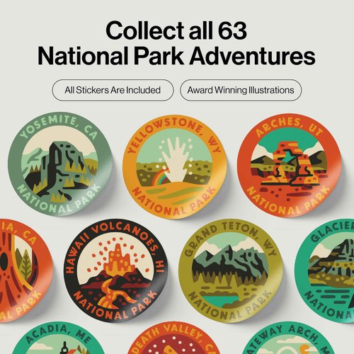 National Parks Water Bottle with Stikcers Kit, Erikas Chesonies Collaboration, Adventure Flask with Straw, Waterproof Stikcers for Water Bottle, Insulated Bundle (Black & Tan)
