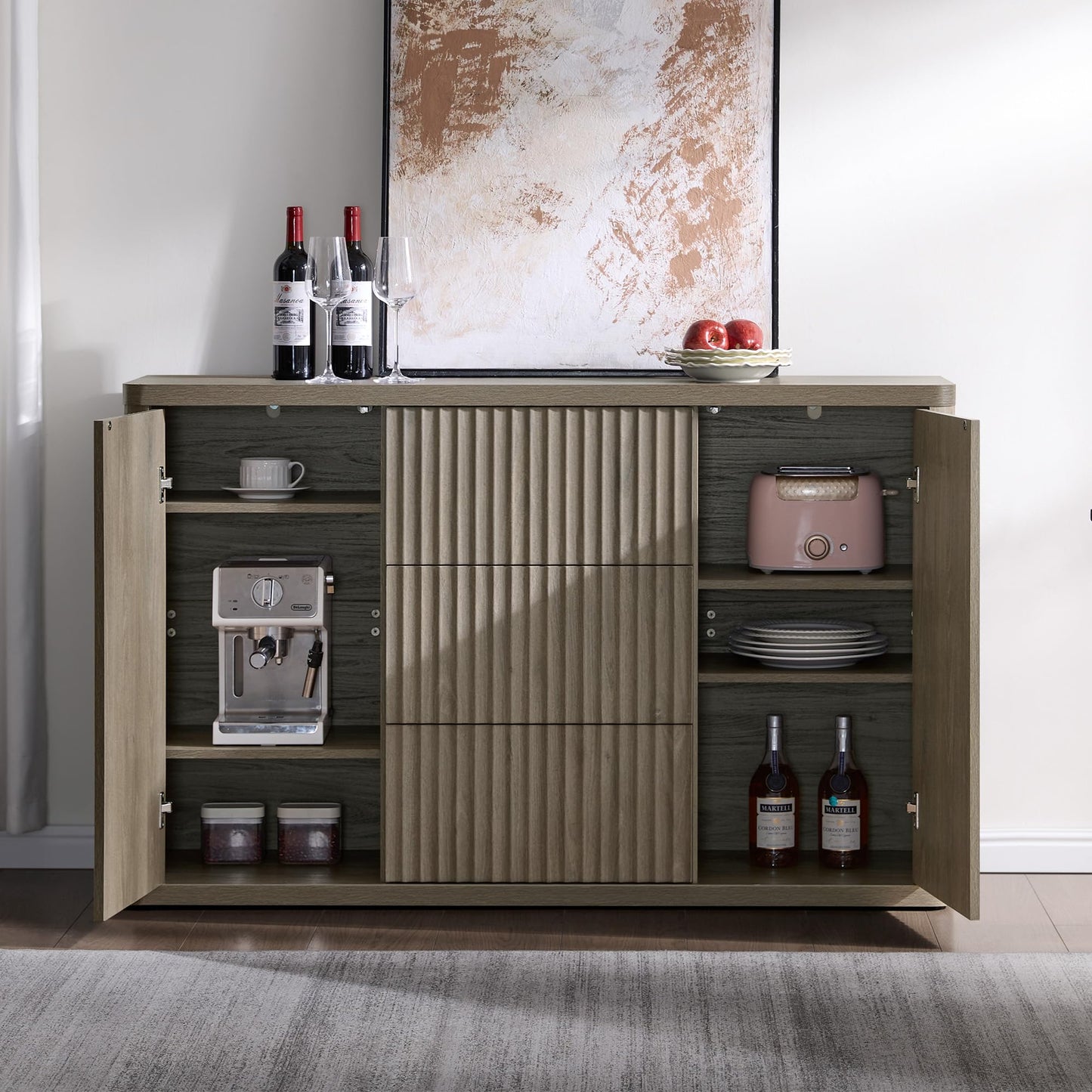 SICOTAS Buffet Cabinet with Storage - Accent Fluted Storage Cabinet with 2 Doors & 3 Drawers 54.7" Wide Modern Sideboard Credenza Large Buffet Table for Living Room Kitchen Dining Room Entryway Office