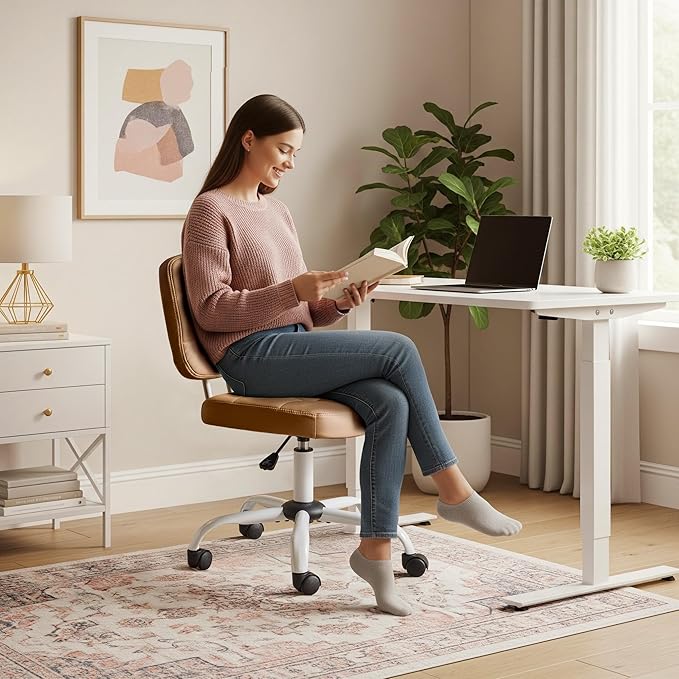 VINGLI Compact Small Desk Chair, Cute Armless Chair with Wheels, Vanity Chair with Low Back, Height Adjustable Task Chair for Small Spaces, Office, Bedroom, Make Up Room, PU Leather, Brown
