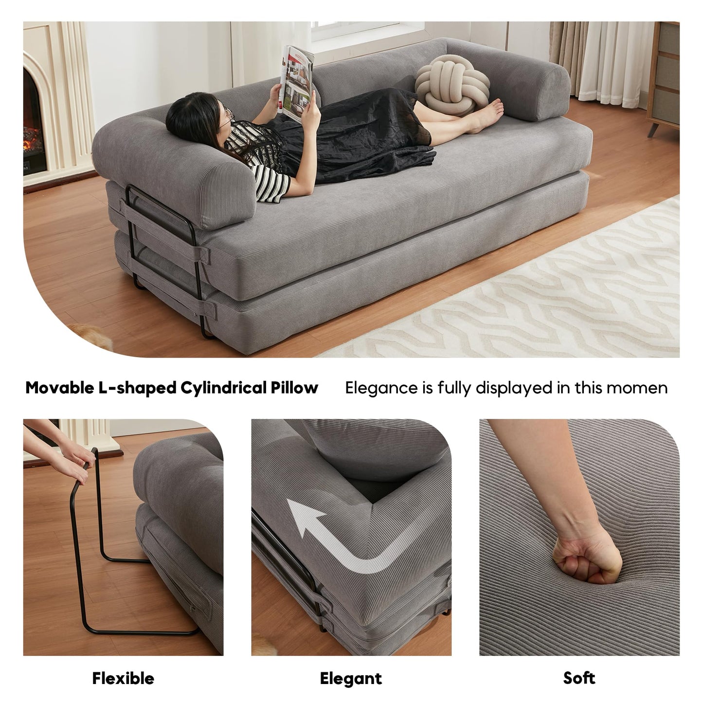 ZEIINPA Convertible Sleeper Sofa Bed with Cylindrical Pillow, Corduroy Folding Mattress Couch with Fixed-Shape Frame, Floor Sofa Lounge Couch for Living Room Bedroom Lounge Studio-Grey