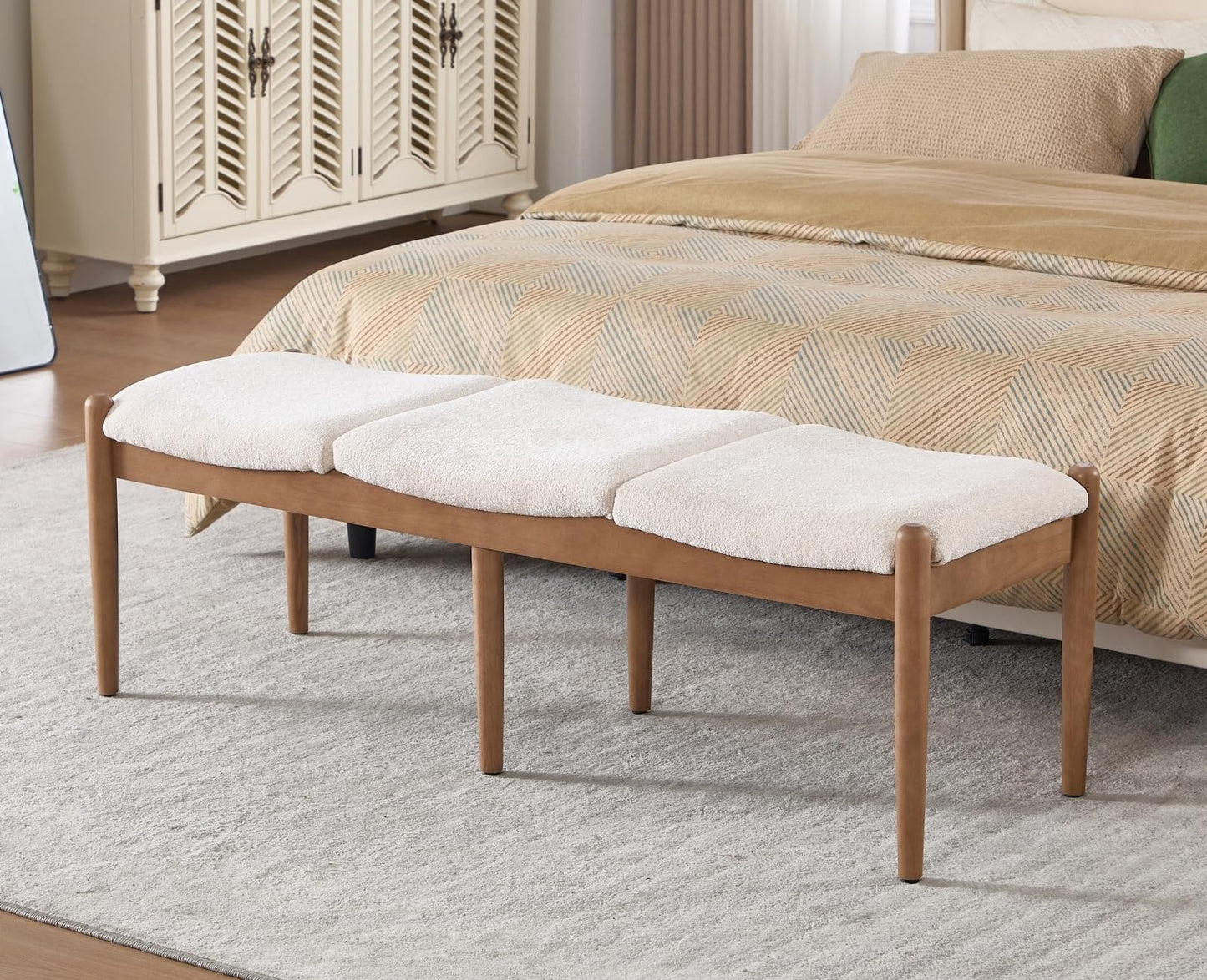 ROCITY 55 Inch End of Bed Bench Extra Long Padded Entryway Bench with Natural Wooden Frame/Chenille Fabric Modern Upholstered Oversized Ottoman for Bedroom, Living Room, Beige