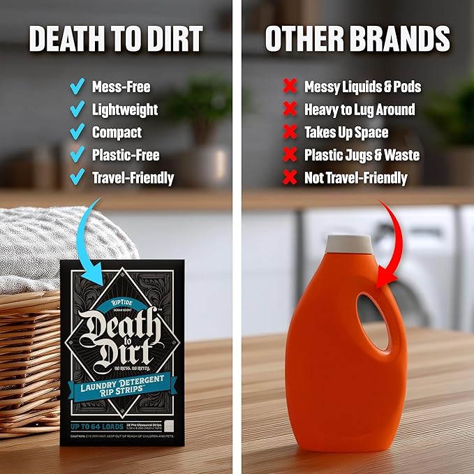 Death to Dirt Laundry Detergent Sheets, 192 Loads, Tough on Stains and Odors, Gentle on Skin and Fabric, Plant-Based & Eco-Friendly, RipTide Ocean Scent, 32ct (3 Pack)