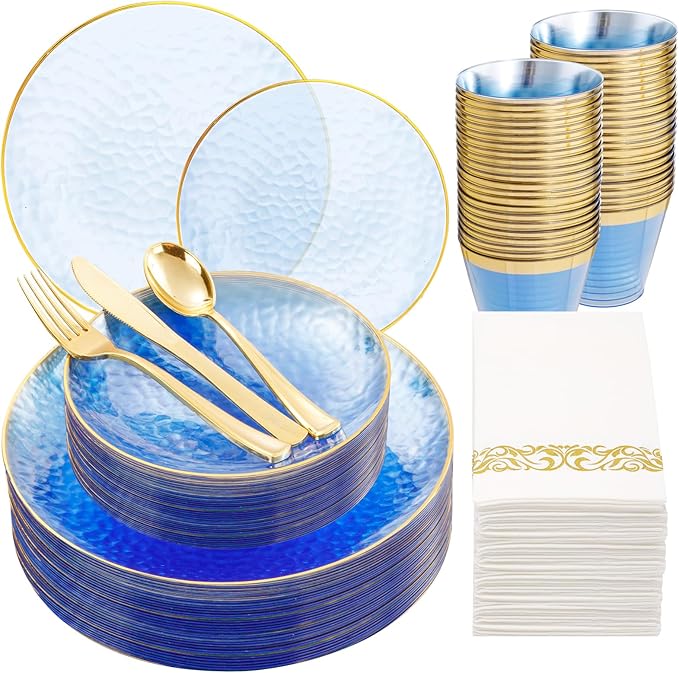 Rubtlamp 175 Pcs Plastic Dinnerware Set (25 Guests), Blue Disposable Plates With Gold Rim, Hammered Party Plates Set Inclu...