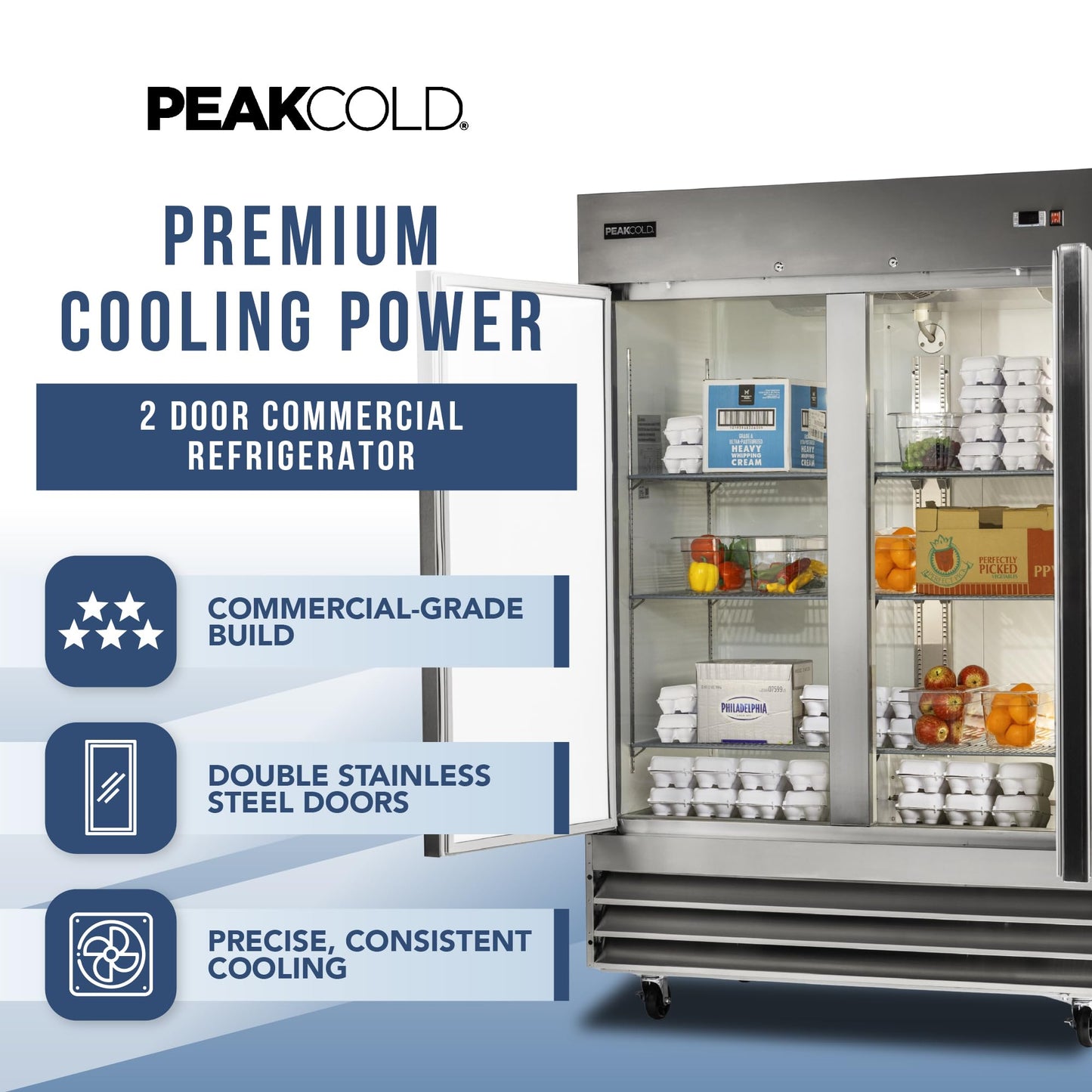 PEAKCOLD Double Door Commercial Refrigerator - 47 Cubic Ft, 54" Wide Stainless Steel Reach-In Commercial Refrigerator with White Internal Lighting - Freestanding Industrial Fridge