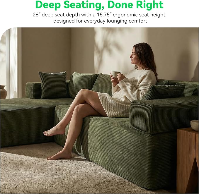 MONVANE 141'' Modular Sectional Sofa, PRO Version U-Shape Boneless Couch, Oversized Deep Seating Cloud Couch, No Assembly, High-Resilience Foam, Soft Corduroy Fabric, for Living Room Apartments Green | Convertible