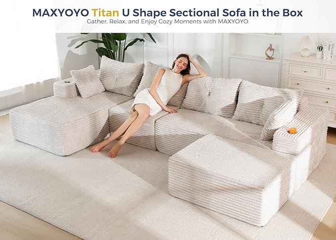 MAXYOYO 132" Giant U-Shaped Modular Sectional Couch, Modern Boneless Couch for Living Room, Sofa in A Box, Oversized Sofa Sleeper with Deep Seat, No Assembly Required, Grayish Beige