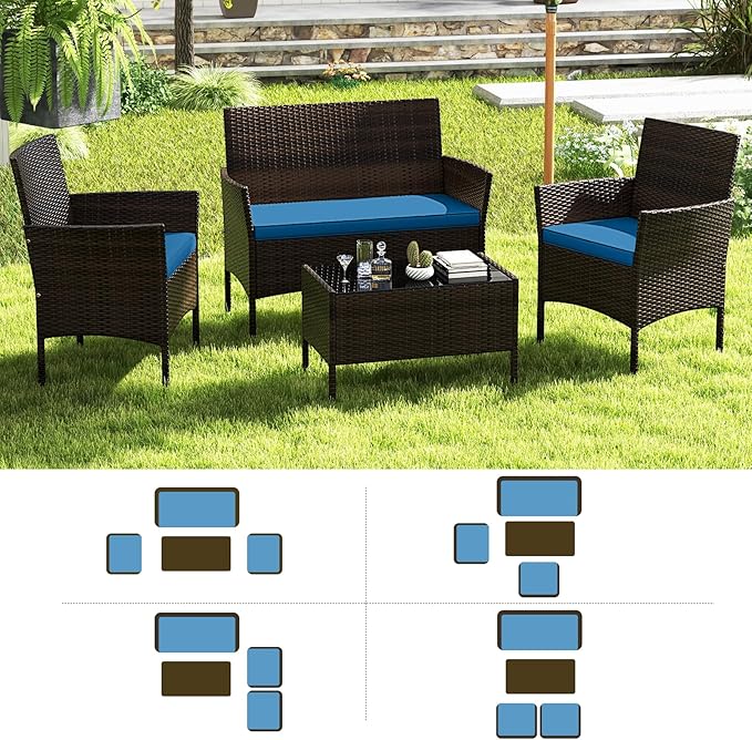 RELAX4LIFE 4-Piece Patio Furniture Set - Rattan Outdoor Conversation Bistro Set w/Cushions, Glass Coffee Table, Wicker Chairs & Loveseat for Garden Backyard Porch, Balcony Furniture Set (1, Peacock)