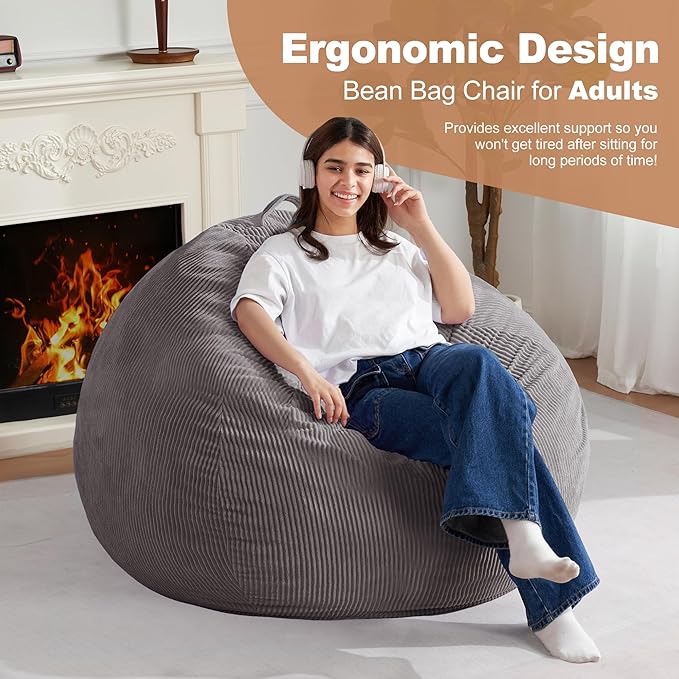 Homguava 4FT Bean Bag Chair for Adults,Teardrop Bean Bags Big Beanbag Chair with Memory Foam Filled and Ultra Soft Removable Corduroy Cover for Living Room, Bedroom (Grey)