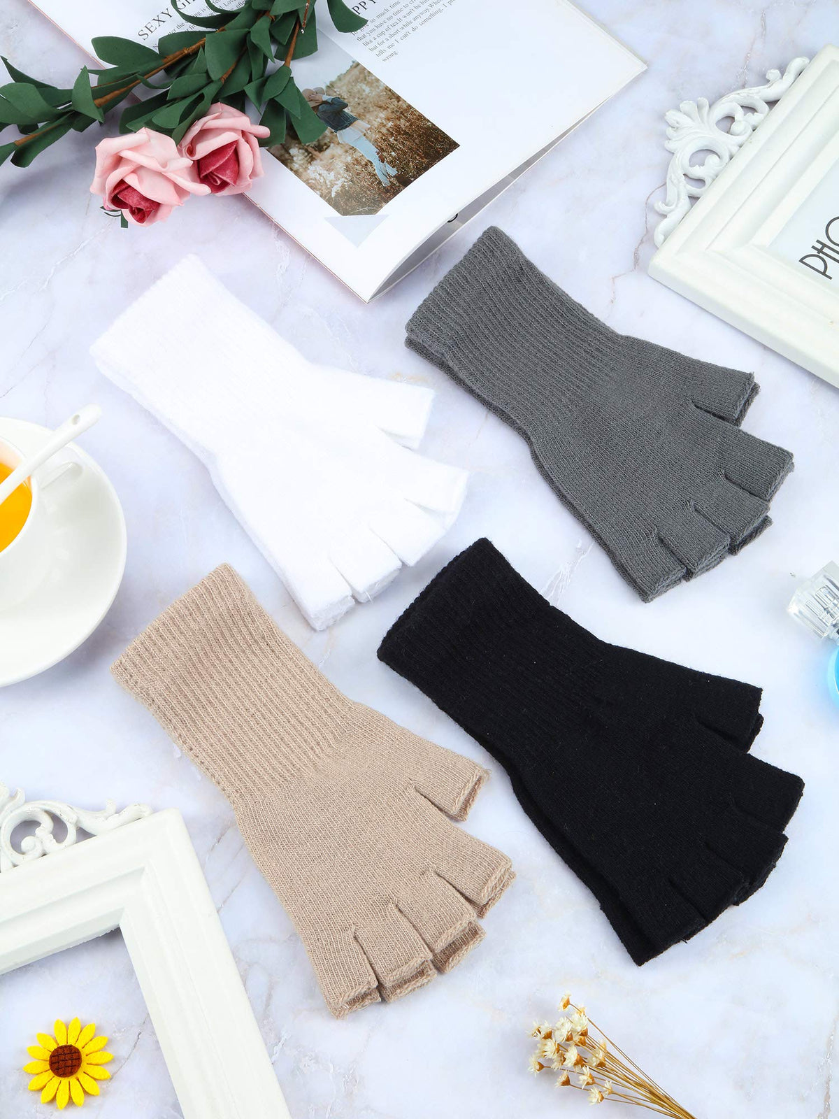 SATINIOR Winter Fingerless Gloves for Women Half Finger Typing Gloves with Long Wrist Cuff Knit Fingerless Mittens for Women(Black, White, Dark Grey, Light Tan,4 Pairs)