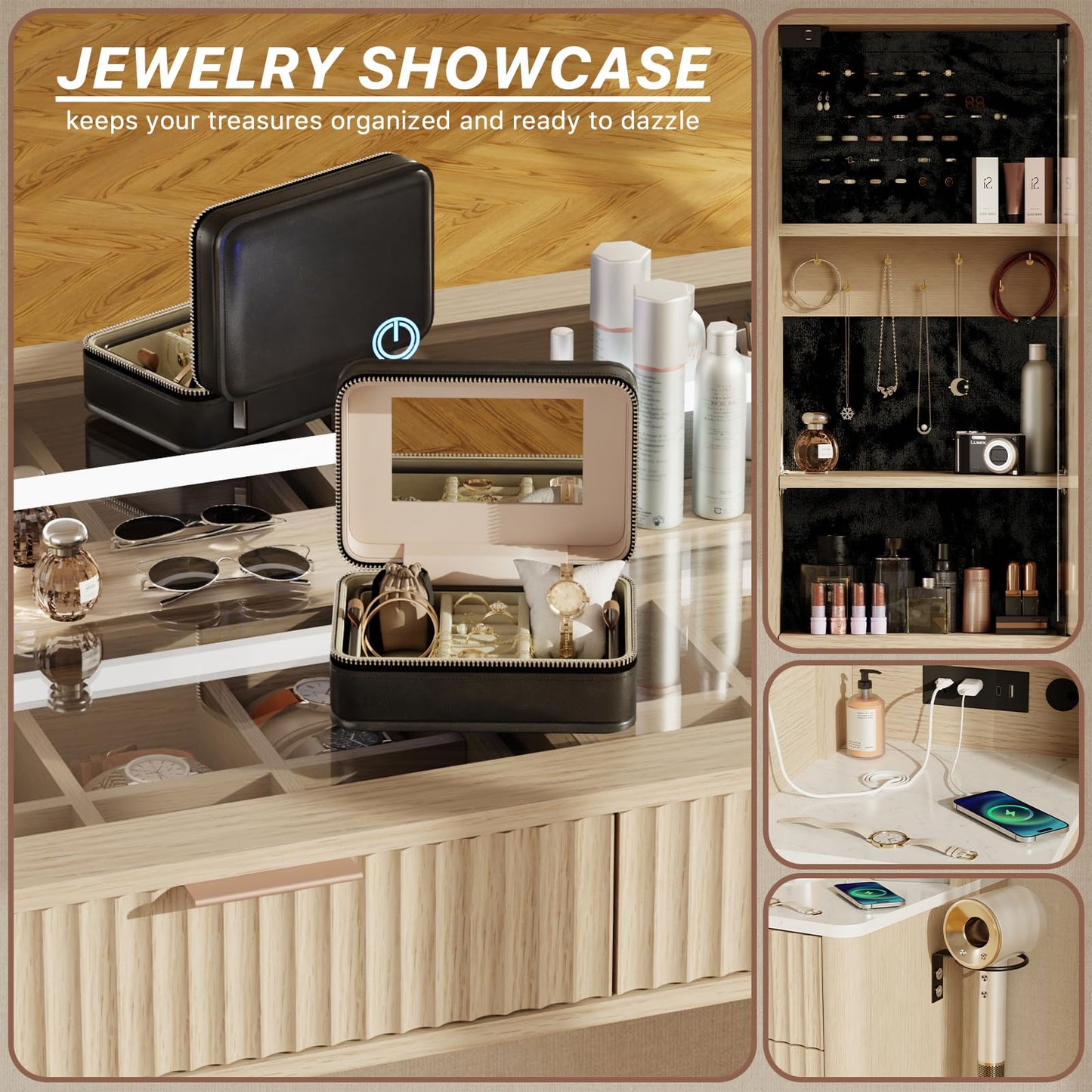 IKALIFE 48" Fluted Makeup Vanity Desk with 36" Mirror and 3 Modes Lights, Glass Top Dressing Table with Jewelry Organizer Cabinet, Storage Cabinet, 3 Drawers, Charging Station for Bedroom, Oak