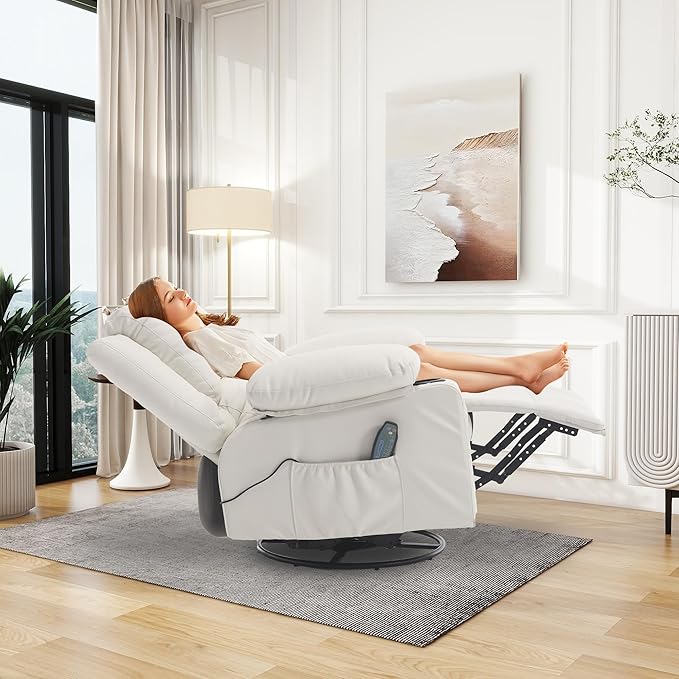 Massage Swivel Rocker Recliner with Lumbar Heat, Overstuffed PU Leather Recliners for Living Room, Modern Single Rocking Chair for Adults, Manual Rocker Recliner with Cup Holders for Bedroom, White