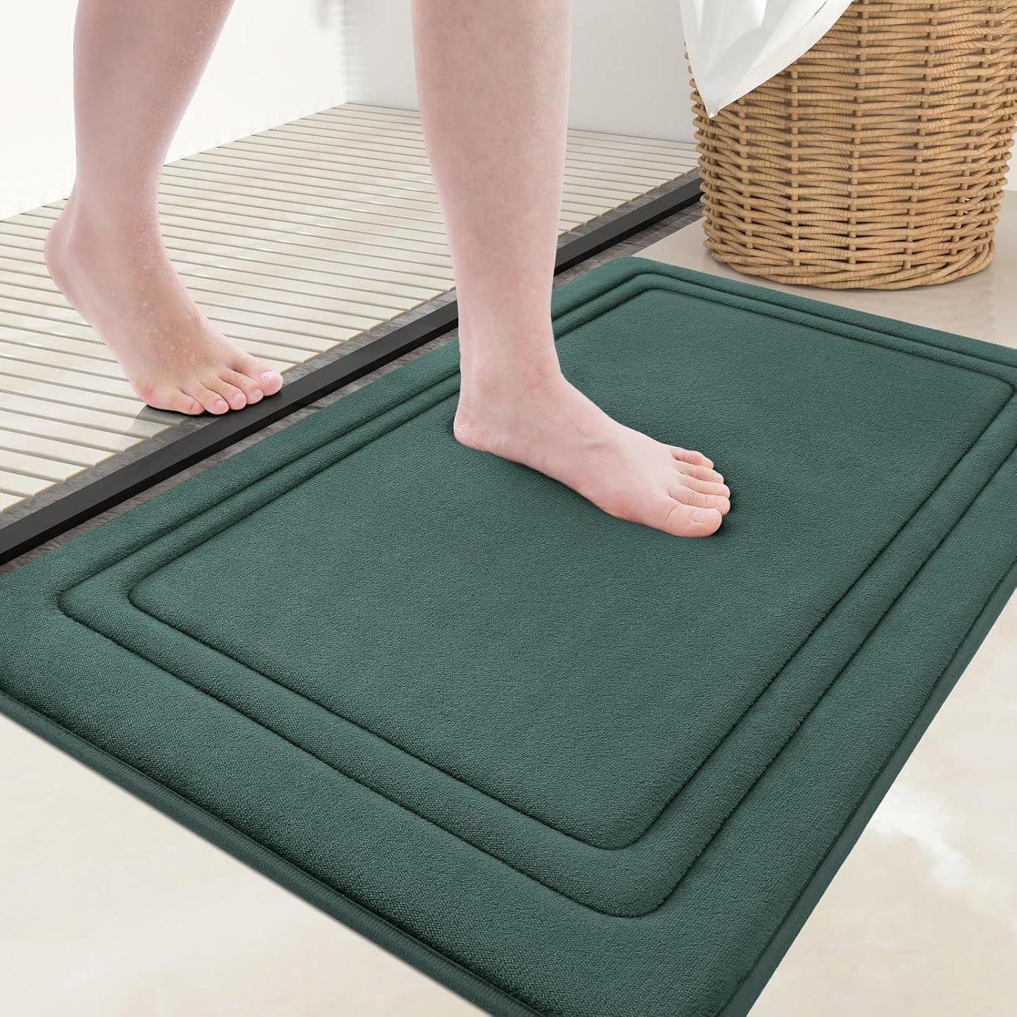 Grandaily Memory Foam Bath Mat Rug 24x16, Ultra Soft, Non-Slip and Absorbent Bathroom Rugs, Machine Wash Dry, Comfortable Bath Carpet for Bathroom Floor, Tub and Shower, Dark Green