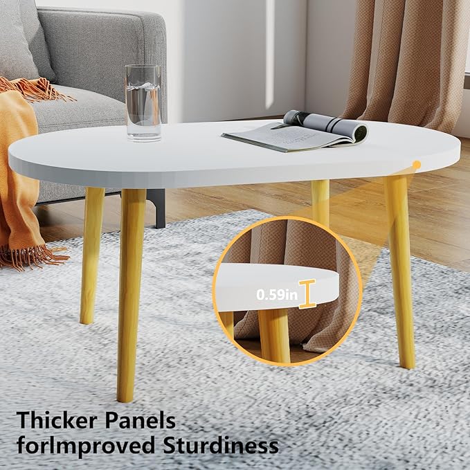 Funecy Coffee Table Low Table with Solid Wood Sturdy Legs, Floor Table Desk for Sitting on The Floor, Storage and Living Room Furniture (White-Oval)