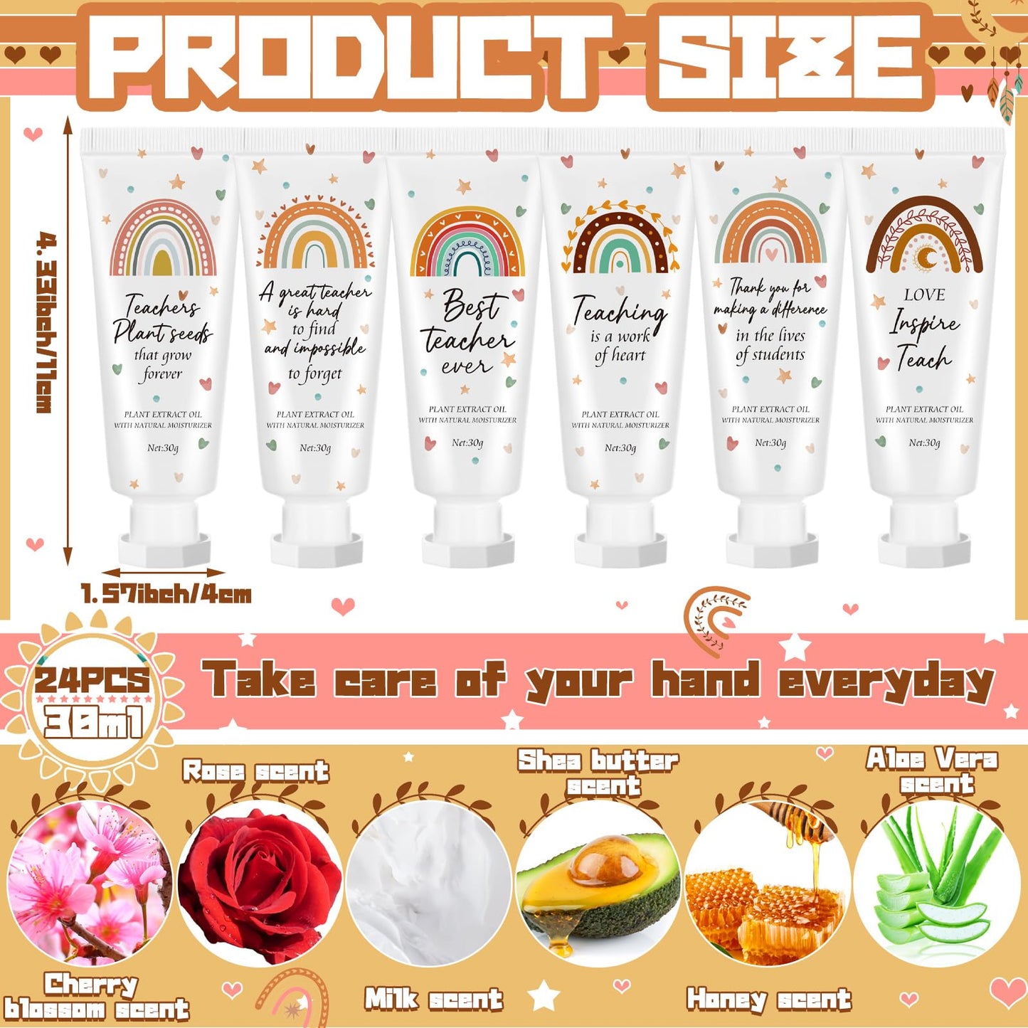 Dansib 24 Pcs Teacher Appreciation Hand Cream Gifts Boho Rainbow 2025 Back to School Thank You Teacher Gifts for Women Travel Si