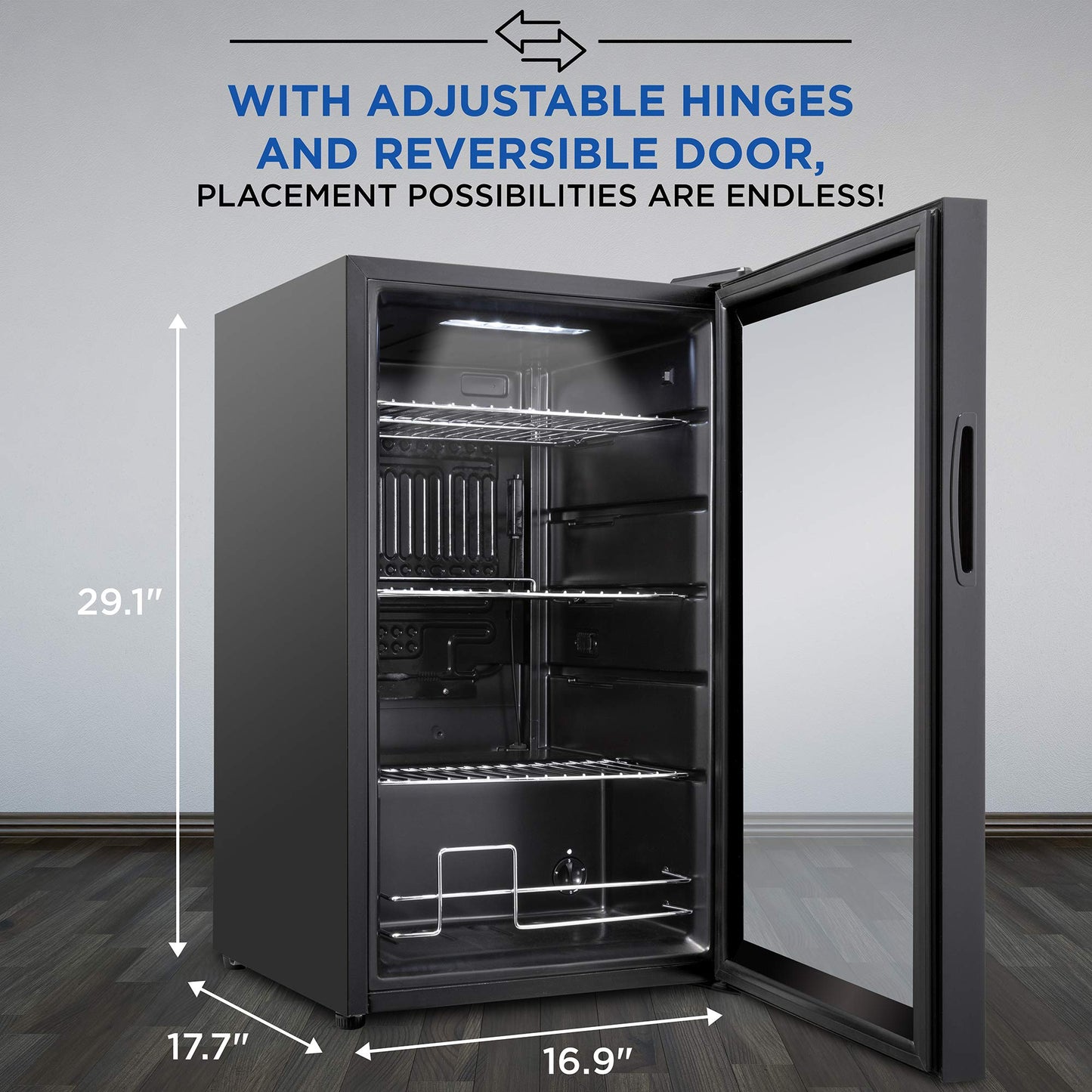 Ivation 101 Can Beverage Refrigerator , Freestanding Ultra Cool Mini Drink Fridge , Beer, Cocktails, Soda, Juice Cooler for Home and Office , Reversible Glass Door and Adjustable Shelving - Black,IVABC1010B