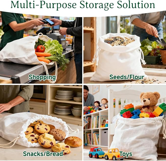 Simple&Opulence 12-Pack 5” x 7” Linen Cotton Drawstring Bags Reusable Grocery Sacks, DIY Craft Sachet Sacks Storage Cloth Bags for Party Wedding Home Bulk Produce Bags, Washable, White