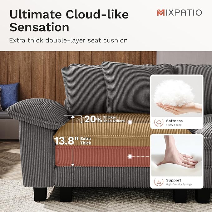 MIXPATIO 123-Inch L Shaped Sectional Sofa with Cloud Cushions, Deep Seat Modular Couch Set w/ 4 Seats & 1 Ottomans, Removable Arms, Plush Corduroy Upholstery for Living Room, Apartment - Gray