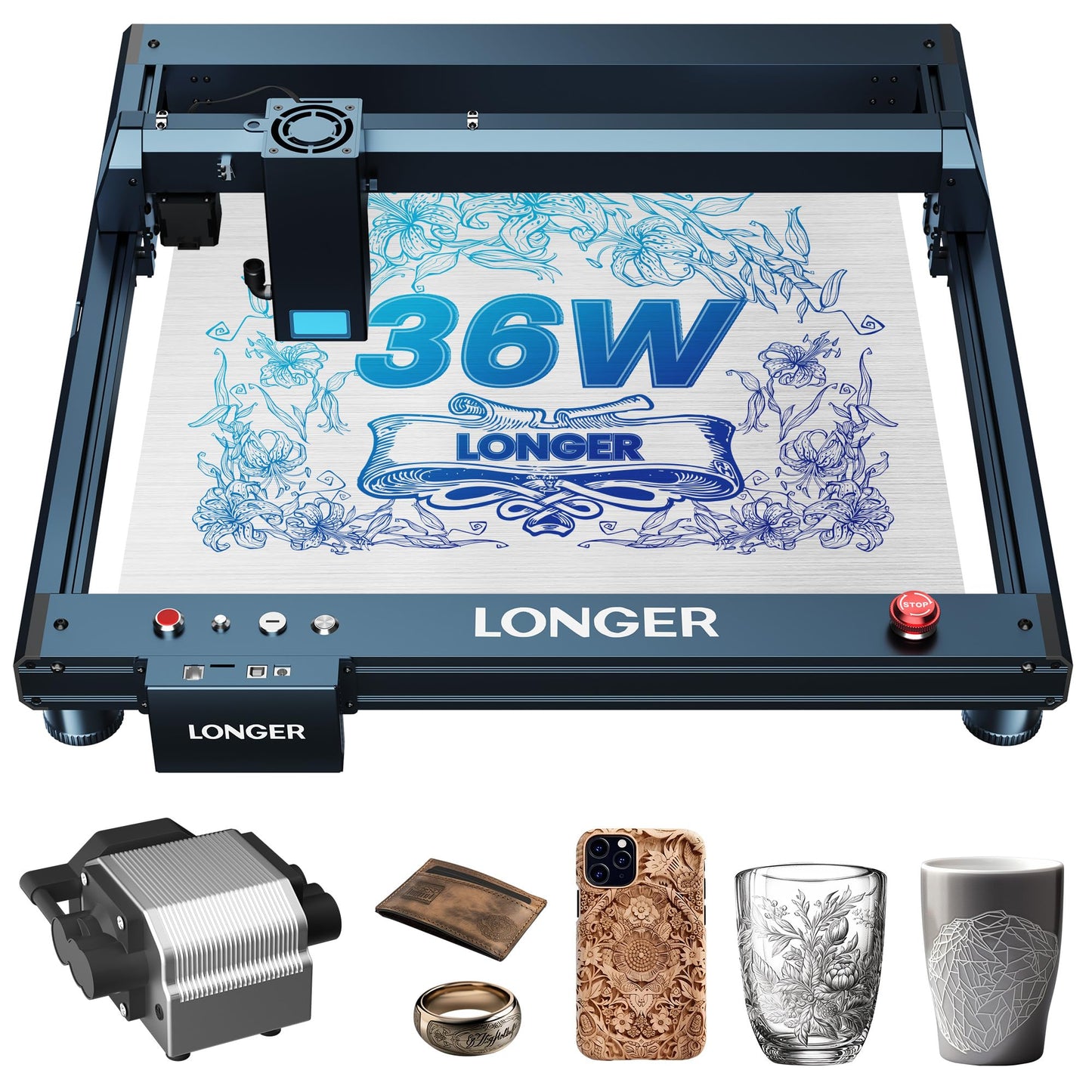 Longer Laser B1 Engraver, 36000mW Laser Cutter Engraving Machine with Air Assist, DIY Precisely Laser Engraving Machine, CNC Machine for Wood and Metal, Acrylic, Leather, etc.Laser Class II