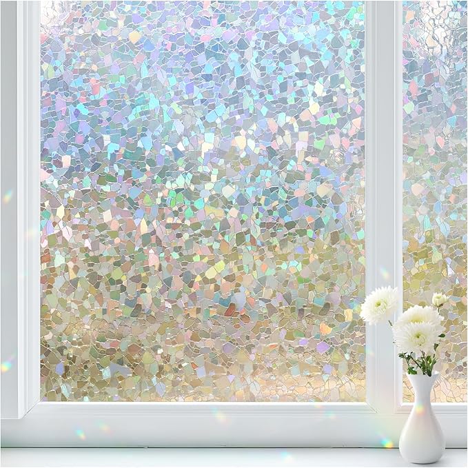 Haton Window Privacy Film Rainbow Film Stained Glass Window Clings, 3D Decorative UV Sun Blocking Sticker, Removable Static Cling Heat Control Tint for Home Door, 17.5" x 157.4" Non-Adhesive