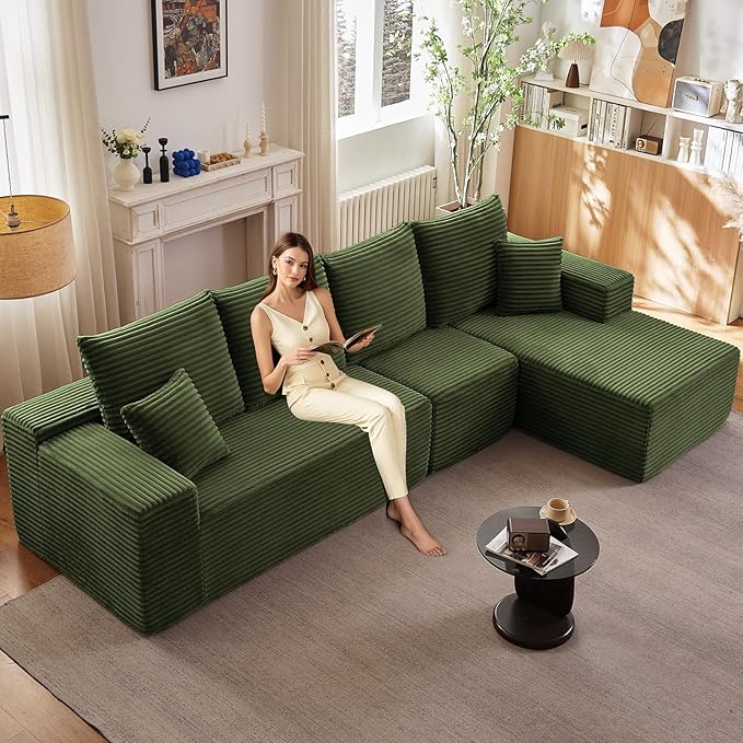 135.4" Cloud Sectional Couch with L-Shape Chaise, Modern Corduroy Boneless Couch for Living Room,Memory Foam Sofa with Deep Seat,No Assembly Required (Green,Right-Facing Chaise)