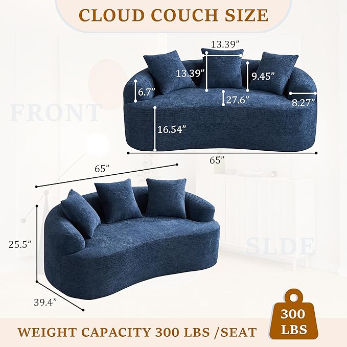 65'' Modern Curved Cloud Loveseat Sectional Sofa for Small Spaces, Luxury Plush Chenille Deep Seat Couch with 3 Pillows, No Assembly Needed Apartment Living Room Furniture, Blue