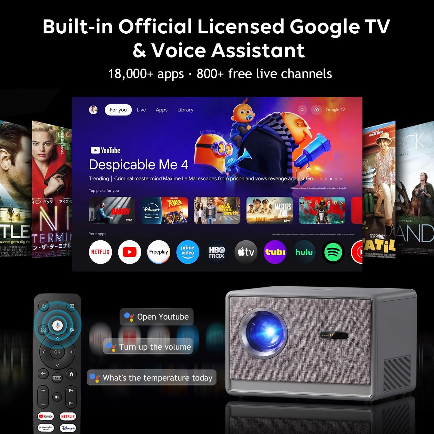 2600 ANSI Official Licensed Google TV Smart Projector,4K Support Movie Projector with WiFi & Bluetooth,Built-in Apps, for Outdoor & HomeTheater Use,Compatible with Phone/TV Stick/PC/PS5