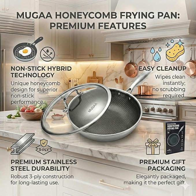 12” Non-Stick Stainless Steel Frying Pan with Lid | Honeycomb Hybrid Skillet for Induction, Gas & Electric Stovetops | Oven Safe, Dishwasher Safe | Premium Gift Packaging