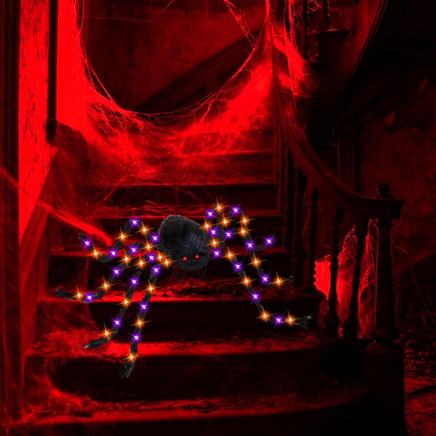 Halloween Spider Costume for Adult Orange Black LED Lights Candy Backpack Headband Ring Tattoos for Trick or Treat Cosplay Halloween Party Decorations Accessories (Batteries Not Included)