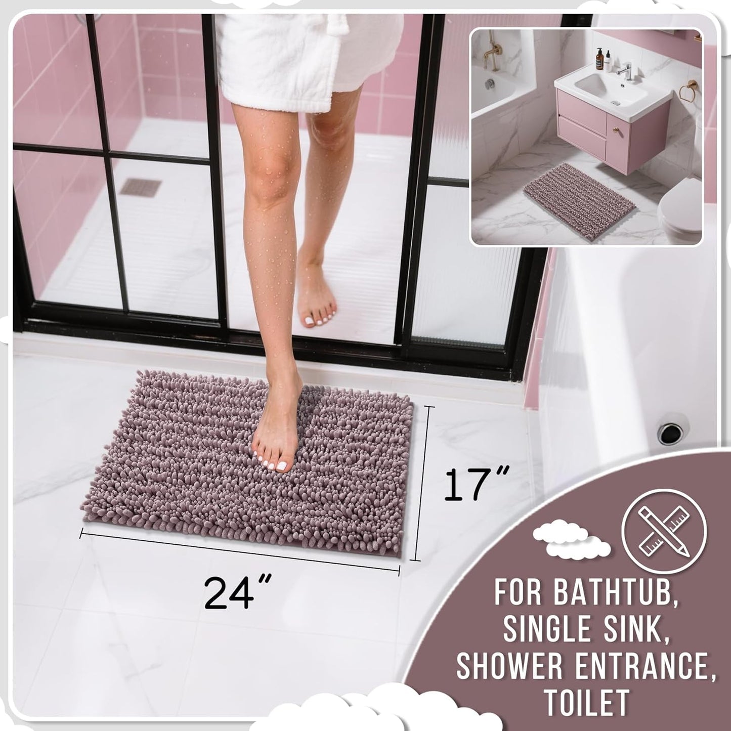 Yimobra Bathroom Rugs Non Slip Washable - Ultra Soft Absorbent Chenille Bath Mat, Quick Dry Shaggy Floor Carpet for Tub Shower, Mauve Home Decor Accessories, 24x17 Inch