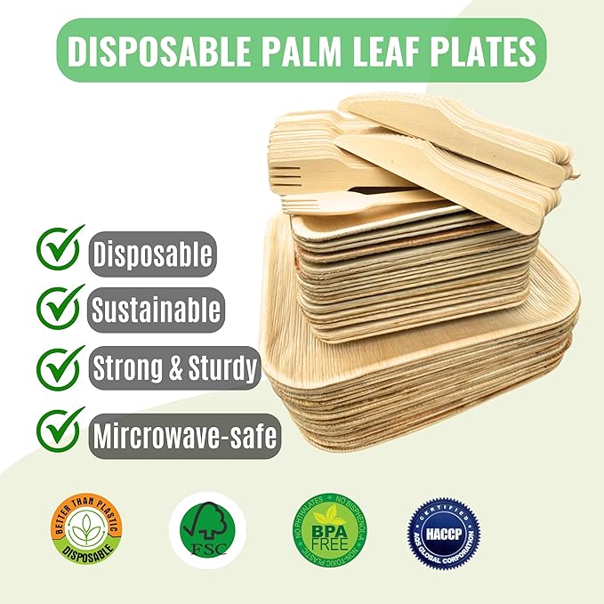 Palm Leaf Plates 10 Inch & 7 Inch – 50 Pack Palm Plates with 50 Wooden Forks & 50 Knives – Bamboo Plates Disposable and Bamboo Dinner Plates for Parties, Holidays, Christmas & New Year
