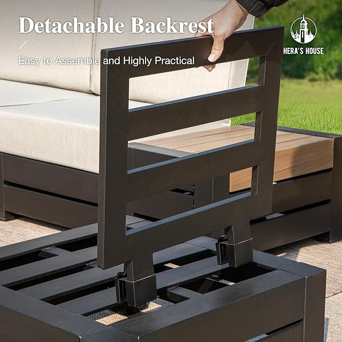HERA'S HOUSE Metal Patio Furniture Set 6-Piece, All Weather Outdoor Sectional Sofa with Coffee Table & Side Table, 5.9" Thick Waterproof Cushions, Modular Conversation Set for Garden, Deck, Backyard