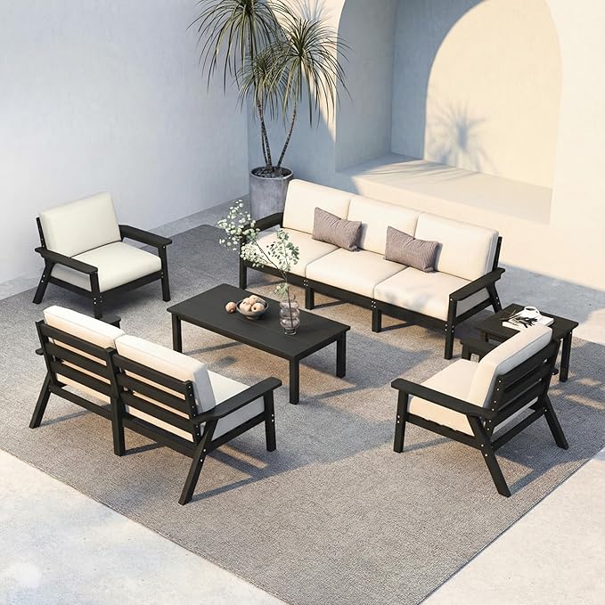 Patio Kingdom HDPE 7 Piece Patio Furniture Set, HDPE Outdoor Sectional with with Beige Thick Cushions, Coffee Table and Side Table, Patio Conversation Sets for Lawn, Garden, Porch (Black Frame)