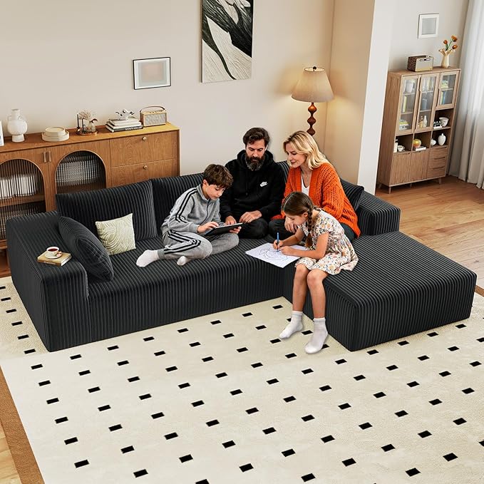 96" Cloud Sectional Couch with L-Shape Chaise, Modern Corduroy Boneless Couch for Living Room,Memory Foam Sofa with Deep Seat,No Assembly Required (Black,Right-Facing Chaise)