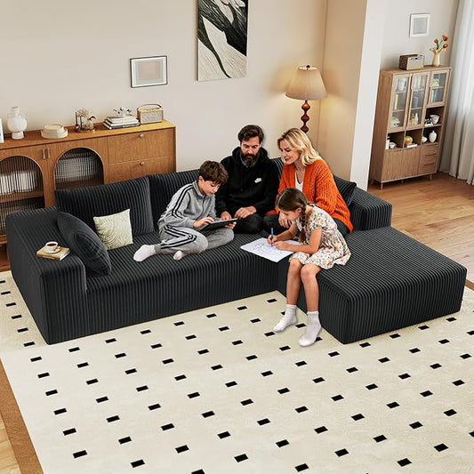 96" Cloud Sectional Couch with L-Shape Chaise, Modern Corduroy Boneless Couch for Living Room,Memory Foam Sofa with Deep Seat,No Assembly Required (Black,Right-Facing Chaise)