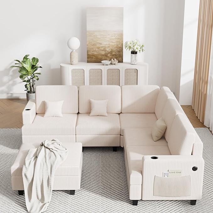 90 Inch Sectional Sleeper Sofa with Deep Seat, White Cloud Modular Couch with Storage Ottoman & USB Ports, Convertible U-Shape L-Shape Sectional for Living Room (White, 5 Seat + 1 Ottoman)
