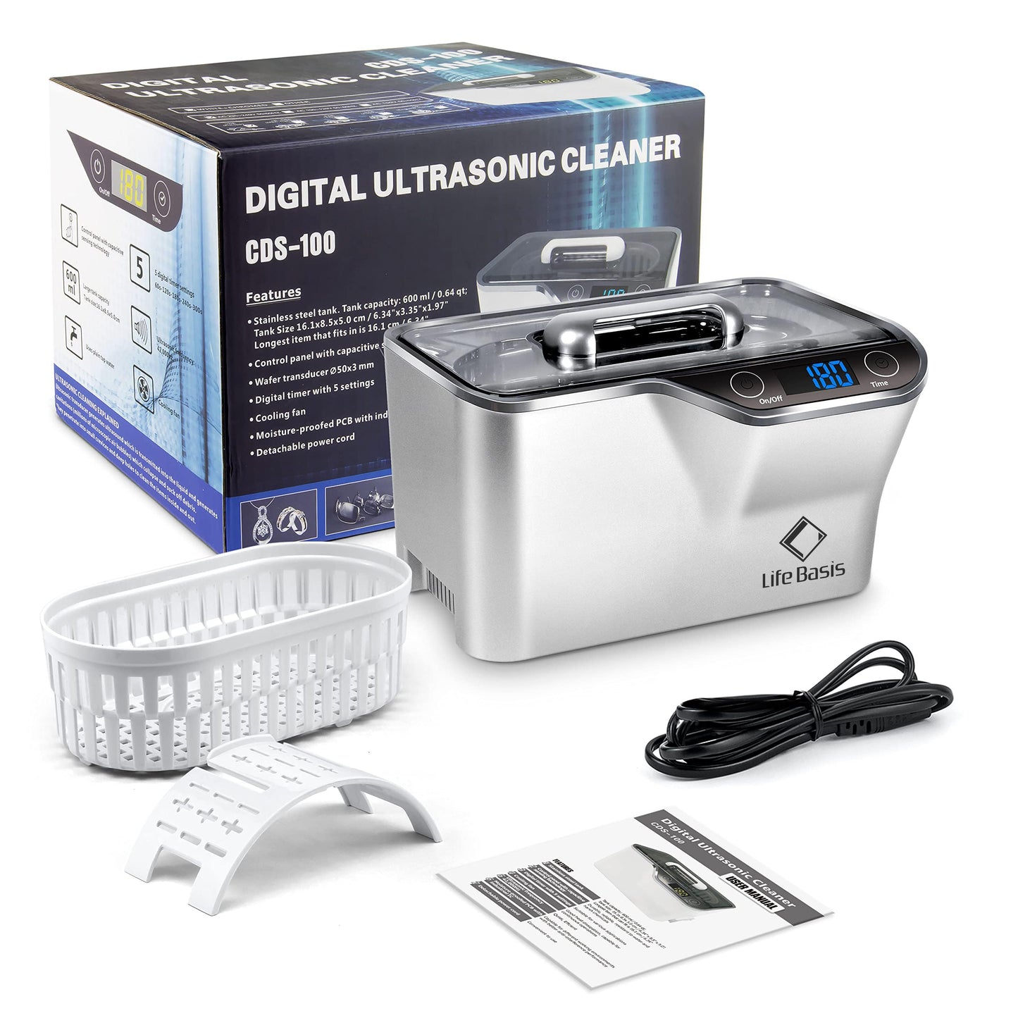 LifeBasis Ultrasonic Cleaner, Professional 45kHz Ultrasonic Jewelry Cleaner 20 Ounces (600ML) with Digital Timer, Watch Holder Ultrasonic Glasses Cleaner for Rings, Coins, Watches, Dentures, Silver
