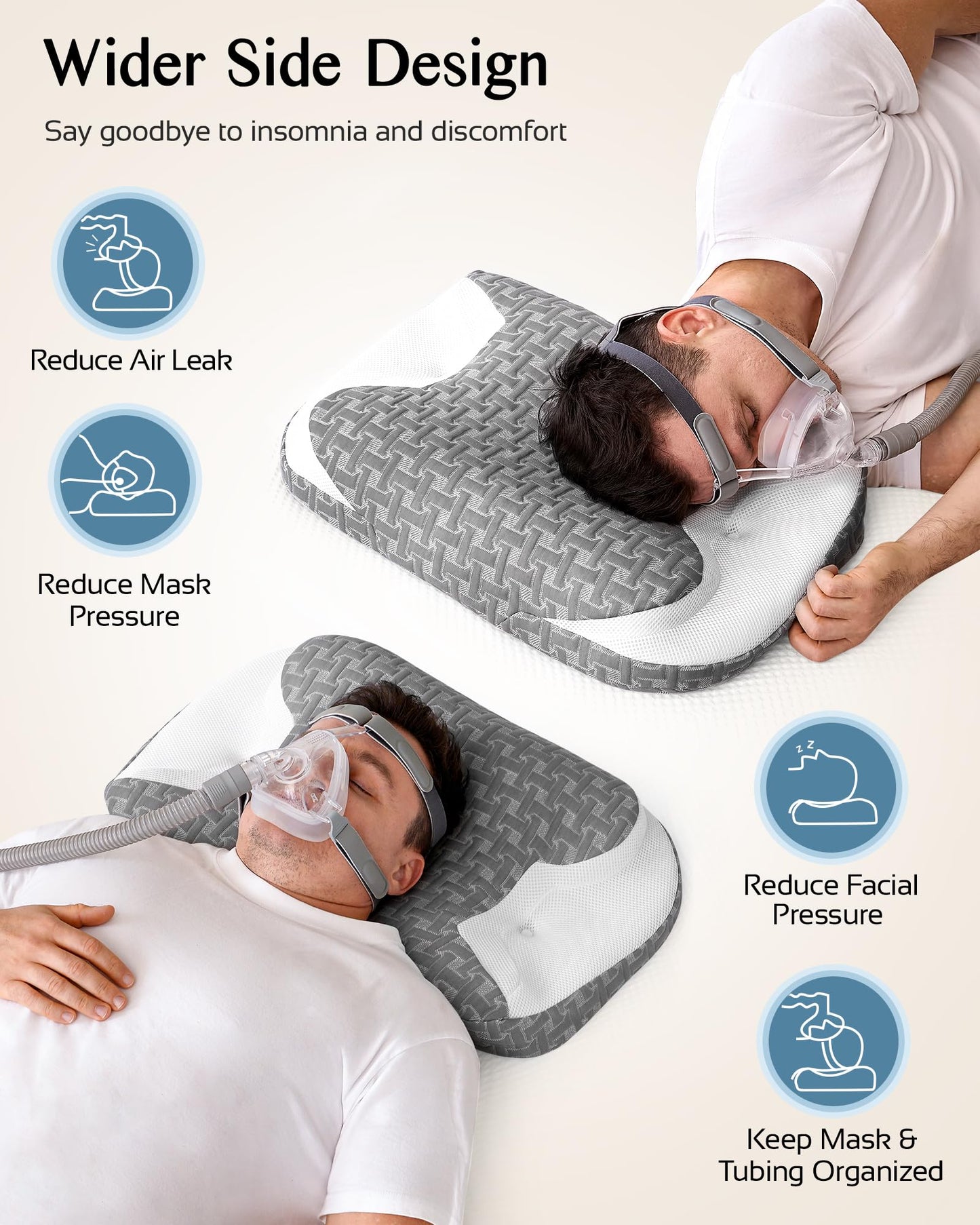Joynox Cervical Neck Pillow for Cpap Users, Memory Foam Sleep Apnea Pillow, Ergonomic Adjustable Cpap Pillows for Side and Back Sleepers, Reducing Air Leaks and Mask Pressure